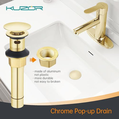 Brushed Gold Pop Up Bathroom Sink Drain with Overflow, 1 Pack | Bathroom sink stopper fits 1-5/8 to 2 in drain holes; 304 stainless steel for vanity and vessel sink drain - color: Gold, style: 1 PCS