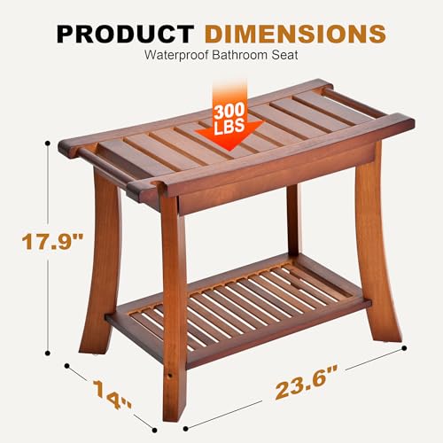 Teak Shower Chair Stool, 24" Shower Bench Seat, Wooden Bathroom Bench with Storage Shelf for Indoor & Outdoor Use - size: 24"