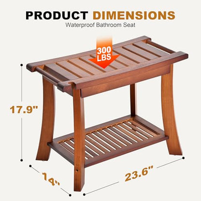 Teak Shower Chair Stool, 24" Shower Bench Seat, Wooden Bathroom Bench with Storage Shelf for Indoor & Outdoor Use - size: 24"