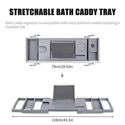 Bamboo Bathtub Tray Expandable Bath Caddy Organizer with Reading Rack Wooden Spa Bath Tub Shelf Storage Bridge for Bathroom Relaxation-Grey