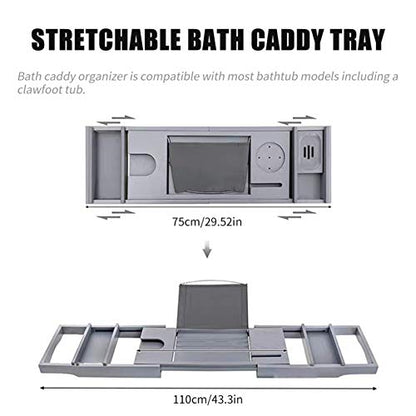 Bamboo Bathtub Tray Expandable Bath Caddy Organizer with Reading Rack Wooden Spa Bath Tub Shelf Storage Bridge for Bathroom Relaxation-Grey