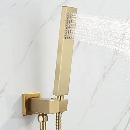 Thermostatic Shower Faucet Set, Stainless Steel Waterfall Rainfall Shower Head with Brass Hand Shower Set, Brushed Gold Shower System Wall Mounted