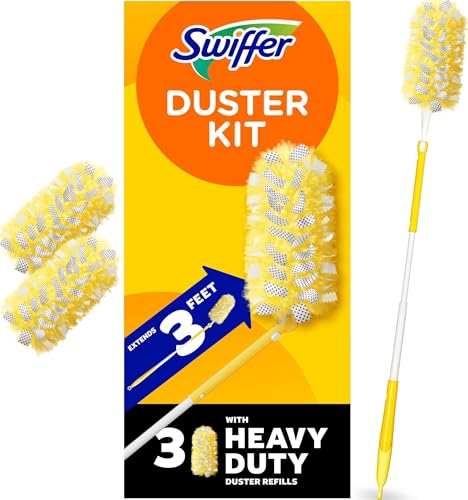 Swiffer Duster Kit with 3 ft Extendable Handle | Includes 1 Duster Extendable Handle (3 ft). 3 Heavy Duty Duster Refills. For Ceiling Fans, Vents, and Hard to Reach Places