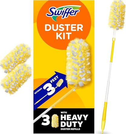 Swiffer Duster Kit with 3 ft Extendable Handle | Includes 1 Duster Extendable Handle (3 ft). 3 Heavy Duty Duster Refills. For Ceiling Fans, Vents, and Hard to Reach Places