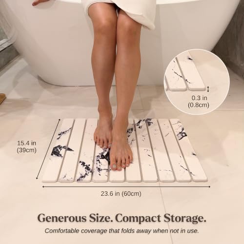 Foldable Stone Bath Mat - Diatomaceous Earth Bath Mat for Bathroom Floor, Jointed Design Quick Dry Stone Mat, Super Absorbent & Space Saving Non-Slip Bath Stone (Pure White) | Bathroom Floor & Shower Use, Jointed Panel Construction, High Absorption Surfac
