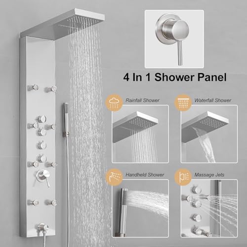 Brushed Nickel Shower Panel System Stainless Steel Rainfall Shower Tower | 4-Functions with 8 Adjustable Water Massage Nozzles Handheld Showerhead Wall Mounted Shower Panels by BATHLAVISH - color: Nickel