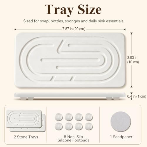 AgePlace Water Absorbing Stone Tray, Stone Sink Tray for Kitchen Counter and Bathroom Countertop, Quick Dry Diatomite Stone Drying Tray, Kitchen Soap Tray, Stone Soap Dish for Hand Soap, Sponge, Cups