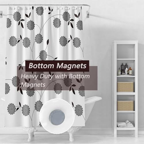 TIKABC Shower Curtain Liner, 4G PEVA Black and White Tree Flower Shower Liner, Plastic Waterproof Shower Curtains, 72x72 inch with Grommet Holes 3 Magnetic Weights - color: Black White Tree Flower