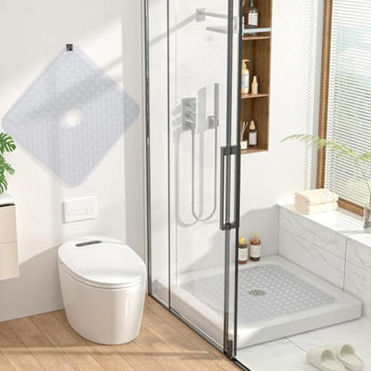 HITSLAM Square Shower Mat, Non Slip PVC Stall Mat, 24"x24", Clear | Power Grip Suction Cups, Center Drain Hole, Built-In Hanging Holes, Machine Washable Bathroom Floor Mat, Soft On Feet - color: Crystal Clear