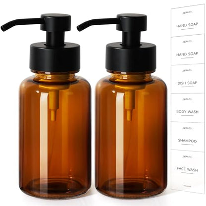Amber Foam Soap Dispenser, 14.1 oz/400ml Foaming Hand Soap Dispenser, 2 Pack Glass Foaming Dispenser for Bathroom & Kitchen, Refillable Liquid Dispenser Bottle with Waterproof Labels - color: Amber Bottle+black Pump