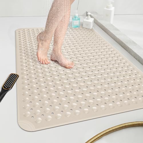 OTHWAY Large Shower Mat 34"x 23", TPE Non Slip Shower Mat for Walk in Shower Stall, Inside Shower Mats with Drain Holes Suction Cups, Anti-Slip for Elderly (Apricot) - color: Apricot, size: 34" x 23" (Rectangular)