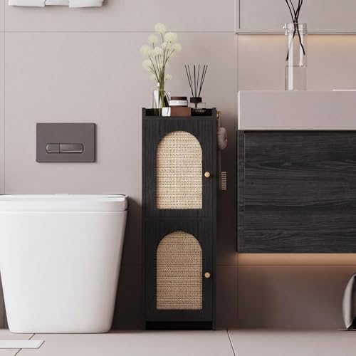 Arbuxzuy Rattan Bathroom Storage Cabinet with 2 Doors and Adjustable Shelf | Black Corner Floor Cabinet, Narrow Toilet Paper Cabinets with 2Hooks,Toilet Organizer for Small Spaces, 7.87"D*9.84"W*29.72"H - color: Black-rattan