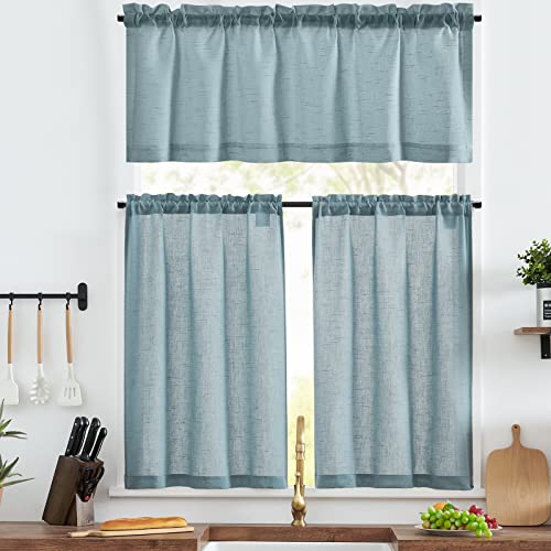 jinchan Kitchen Curtains and Valances Set 3 Pieces Linen Tiers and Valance 24 Inch Cafe Curtains with Valance Rod Pocket Farmhouse Small Drapes Set Rustic Country for Laundry Room Bathroom Blue | Light filtering, rod pocket, cafe curtains, farmhouse, mach
