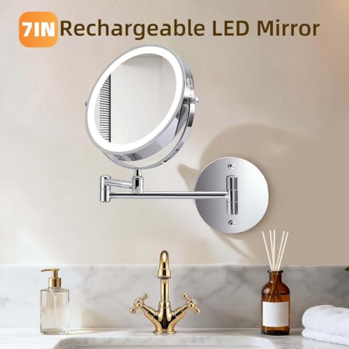 Wall Mounted Makeup Mirror with Lights, 8" Rechargeable 1X/10X Magnifying Mirror, 360° Swivel Extendable Arm, 3 Color LED (1, Chrome) - color: Chrome