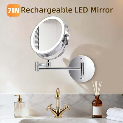 Wall Mounted Makeup Mirror with Lights, 8" Rechargeable 1X/10X Magnifying Mirror, 360° Swivel Extendable Arm, 3 Color LED (1, Chrome) - color: Chrome