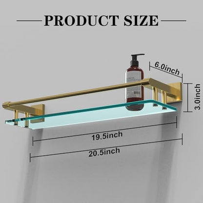 Glass Shelf for Bathroom, 20 Inch Tempered Glass with Brushed Gold Stainless Steel Railing, Floating Glass Shelves Sink Over Toilet Modern Bathroom - color: Brushed Gold, size: 20'' with Railing