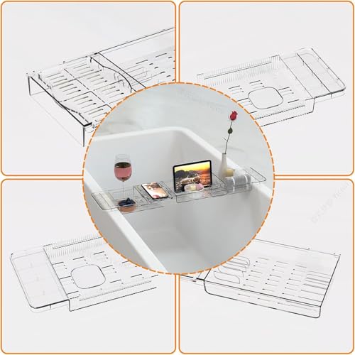 Expandable Bathtub Trays for Tub,Acrylic Bath Shelf Over Tub,with Non-Slip Design iPad Holder for Books Phone，Suitable for Bathtubs with an Internal Width of up to 28 Inch
