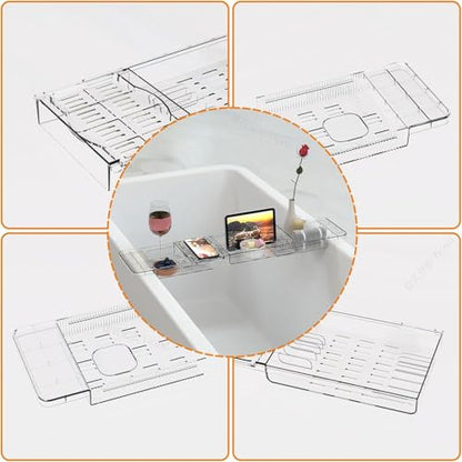 Expandable Bathtub Trays for Tub,Acrylic Bath Shelf Over Tub,with Non-Slip Design iPad Holder for Books Phone，Suitable for Bathtubs with an Internal Width of up to 28 Inch