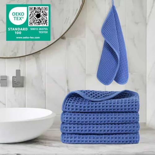 POLYTE 430 GSM Microfiber Lint Free Washcloth Face Towel, 13 x 13 in, 4 Pack (Waffle Weave) - color: Royal Blue