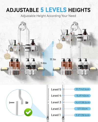 Adjustable Shower Caddy Hanging - Never Rust Shower Organizer Hanging, Aluminum Shower Racks for Inside Shower - Bathroom Organizers and Storage with 2 Soap Holders and 2 Removable Hooks, Silver