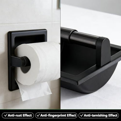 1 Pcs Matte Black Recessed Toilet Paper Holder for Large Rolls, Pivoting Black Toilet Paper Holder Wall Mount Stainless Steel, in Wall Toilet Paper Holder Black, Bathroom Toilet Paper Wall Holder