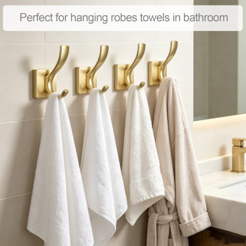 Brushed Gold Heavy Duty Wall Mounted Towel Hooks for Bathroom Bedroom | Metal Double Rust-proof Robe Coat Hooks for bath Kitchen Pool Garage Hotel Mudroom - color: Brushed Gold 4