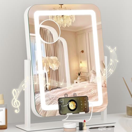 Dripex 5-in-1 Lighted Vanity Mirror with Bluetooth Speaker & Type-C Charging, 15"x12" LED Makeup Mirror with Lights 3 Colors Dimmable, Phone Holder Touch Keys 10X Magnification - color: Type-c Charging White