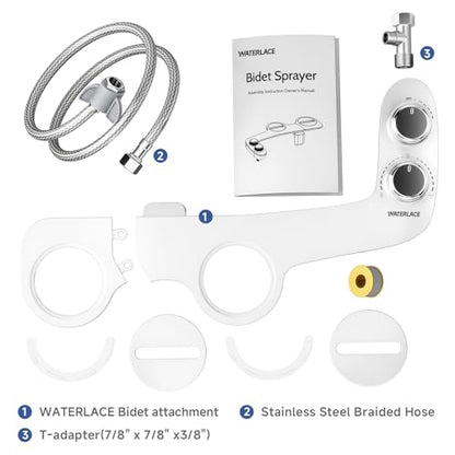 WATERLACE Ultra-Slim Bidet Attachment for Toilet - Dual Nozzle, Rear & Feminine Wash, Self-Cleaning, Adjustable Cold Water Pressure, Non-Electric Bidet Toilet Seat for Bathroom, Easy Install (Chrome) - color: White