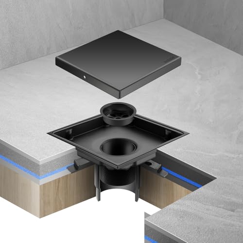 Hidden Brushed Square Shower Floor Drain, Black 6 inch, 304 Stainless Steel, with Flange, Detachable Cover Embedded in Ceramic Tiles - color: Hidden Black, size: 6 inch