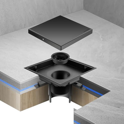 Hidden Brushed Square Shower Floor Drain, Black 6 inch, 304 Stainless Steel, with Flange, Detachable Cover Embedded in Ceramic Tiles - color: Hidden Black, size: 6 inch