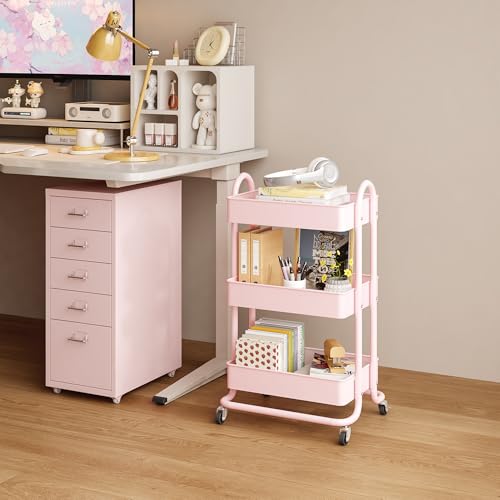 MIOCASA 3-Tier Metal Utility Rolling Cart, Heavy Duty Multifunction Cart with Lockable Casters, Easy to Assemble, Suitable for Office, Bathroom, Kitchen, Garden - style: Pink