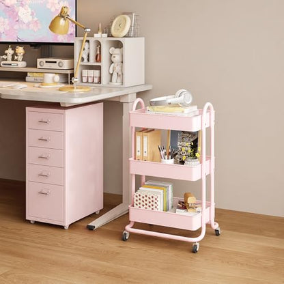 MIOCASA 3-Tier Metal Utility Rolling Cart, Heavy Duty Multifunction Cart with Lockable Casters, Easy to Assemble, Suitable for Office, Bathroom, Kitchen, Garden - style: Pink