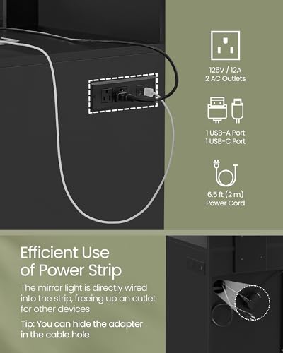 VASAGLE Kailyn Collection - Vanity Desk with Power Outlets and LED Lights, 35.4-Inch Wide Makeup Table with Mirror, Drawer and Cabinet, for Bedroom, Ink Black URDT128C01S - style: 35.4"W 1 Drawer 1 Cabinet Vanity Desk - Ink Black