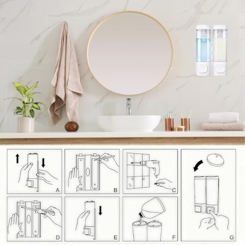 2-Chamber 10oz/300ML White Plastic Hand Wall Mounted Soap Dispensers | Refillable Shampoo Conditioner Shower Dispenser No Drill, Clear Manual Pump Dispenser for Bathroom Hotel Kitchen - color: 2-chamber White