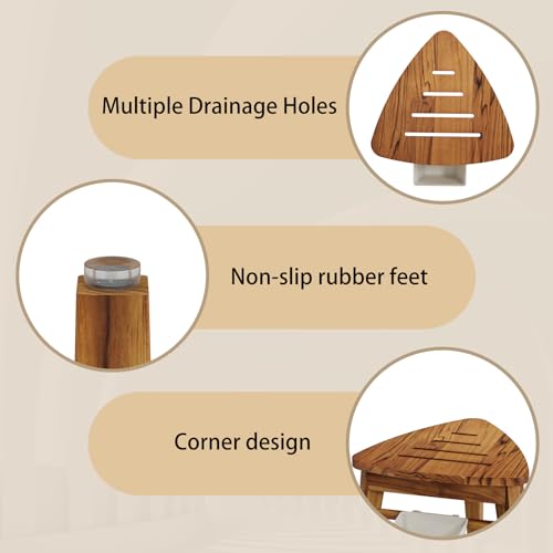 Kiasthome Teak Shower Bench, Waterproof Bathroom Teak Corner Shower Bench, Sturdy Non-Slip Bath Shower Foot Stool for Shaving Legs with Storage Basket