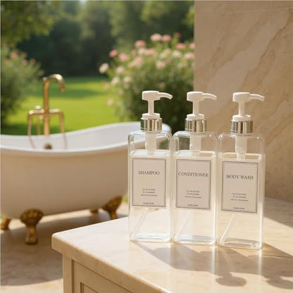 Modern Design Shampoo and Conditioner Dispenser, Large 27oz Shower Soap Dispenser, Set of 3 Refillable Empty Plastic Pump Bottles for Bathroom, 6 Waterproof Labels Included, (Clear & Silver) - color: Clear & Silver