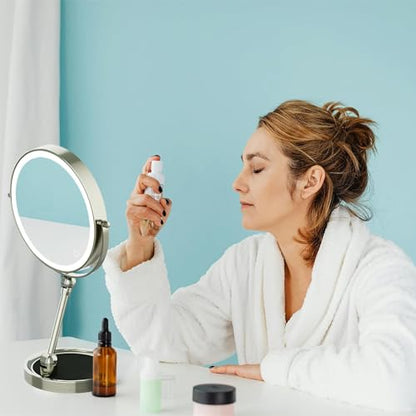 Tabletop Makeup Mirror with Built-in Vanity Tray, 9" Rechargeable 4000mAh Lighted Vanity Mirror 1X/10X Magnification, Height-Adjustable Arm, 3 Color Dimmable (9Inch Nickel) - color: 9inch Nickel