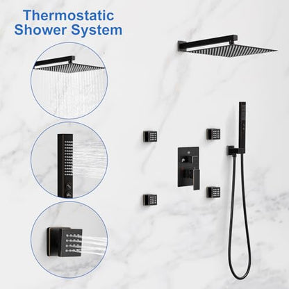 RUMOSE Rainfall Shower System with 4 Full Body Jet 4 Mode Shower Faucet Set | 12 Inch Rain Shower Head, 2 in 1 Handheld Spray, Oil Rubbed Bronze Brass Shower Jet Shower Fixtures, Wall Mounted - color: Oil Rubbed Bronze