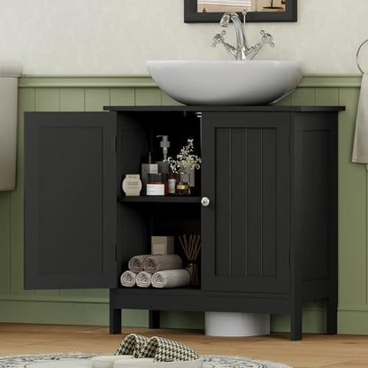 Iwell Pedestal Sink Storage Cabinet with 2 Doors and Shelf, Under Sink Cabinet, Bathroom Sink Cabinet with U-Shape, Black - color: Black Undersink