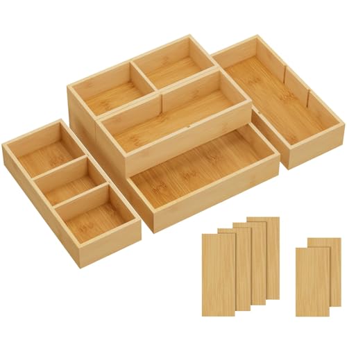 Lifewit Drawer Organizers 5 Pack(11 Grid) with 6 Inserts | Adjustable Bamboo Wooden Trays for Utensils, Silverware, Makeup, Kitchen, Bathroom, Office, Vanity Storage