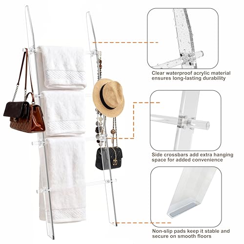 Blanket Ladder 5.6FT for Bathroom, 4 Tier Modern Decor Waterproof Blanket Holder for Living Room and Bedroom, Easy Assembly Clear Acrylic Ladder Shelf, Leaning Quilt Rack with Anti Slip Pads