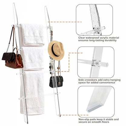 Blanket Ladder 5.6FT for Bathroom, 4 Tier Modern Decor Waterproof Blanket Holder for Living Room and Bedroom, Easy Assembly Clear Acrylic Ladder Shelf, Leaning Quilt Rack with Anti Slip Pads