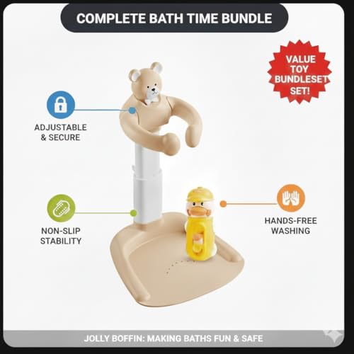 2-in-1 Adjustable Baby Shower Support Set Bear Design with Little Toy Duck | Bathroom Safety Standing Infant Shower Chair & Bather Station | Portable Non-Slip Bathing Stand for 6-48 Months - color: Caramel
