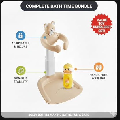 2-in-1 Adjustable Baby Shower Support Set Bear Design with Little Toy Duck | Bathroom Safety Standing Infant Shower Chair & Bather Station | Portable Non-Slip Bathing Stand for 6-48 Months - color: Caramel