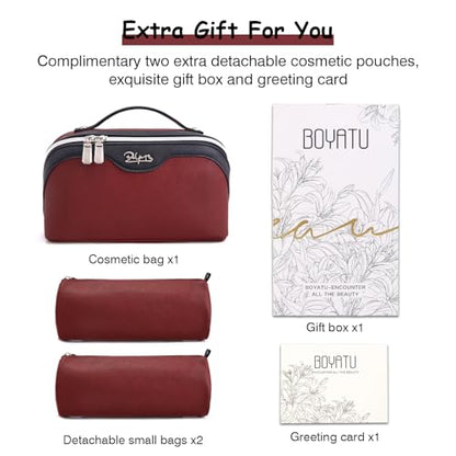 BOYATU Travel Makeup Bag Organizer Cosmetic Bag: 3 Pcs Set Make up Bags for Women with Handle - Waterproof Vegan Leather Toiletry Bags Travel Essentials Pouch with Compartments (A-04-Red) - color: 02-D-Red
