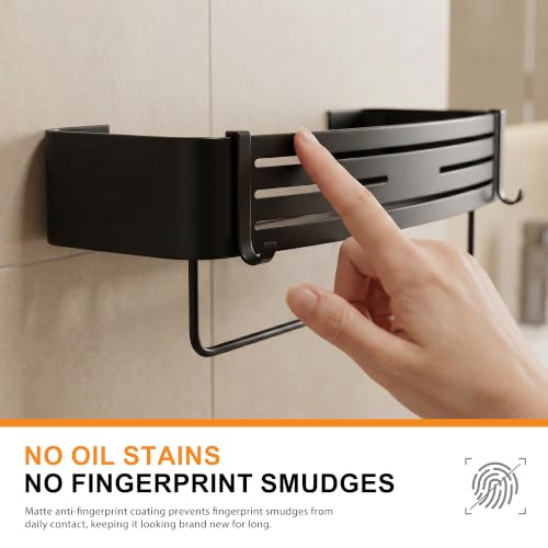 Black Adhesive Square Shower Caddy with Towel Bar, Soap Holder and Hooks | Adhesive black shower basket with towel bar, soap holder and hooks for smooth tile, glass, stainless steel and bathroom walls - color: Black
