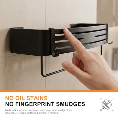 Black Adhesive Square Shower Caddy with Towel Bar, Soap Holder and Hooks | Adhesive black shower basket with towel bar, soap holder and hooks for smooth tile, glass, stainless steel and bathroom walls - color: Black