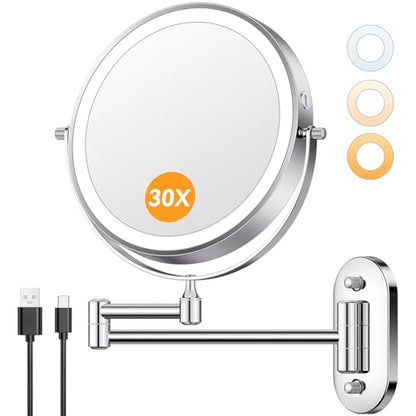 Auxmir 1X/30X Wall Mounted Makeup Mirror, 8" Rechargeable Magnifying Mirror | double-sided button, 3200mAh, 3 dimmable colors, 360° rotation, extended arm, 30X magnification, bathroom, chrome - color: 8'' 30x-chrome