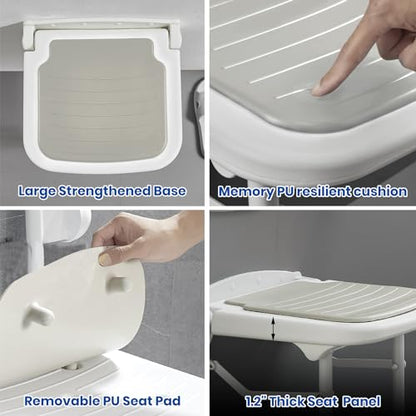 Wall Mounted Shower Seats w/PU Cushion Support 550lbs, Adjustable Height Folding Shower Chair Wall Mounted for Elderly-Adults-Pregnants-Seniors-Disabled - size: Shower Seat