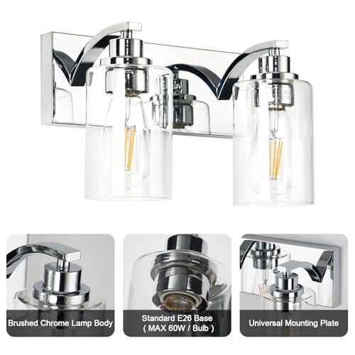 2-Light Bathroom Light Fixtures Modern Chrome Vanity Lights | Easy to Install Clear Glass Shades, Wall Mount Up or Down, E26 Socket, Hardwired, 125V - color: Chrome, size: 2 Lights